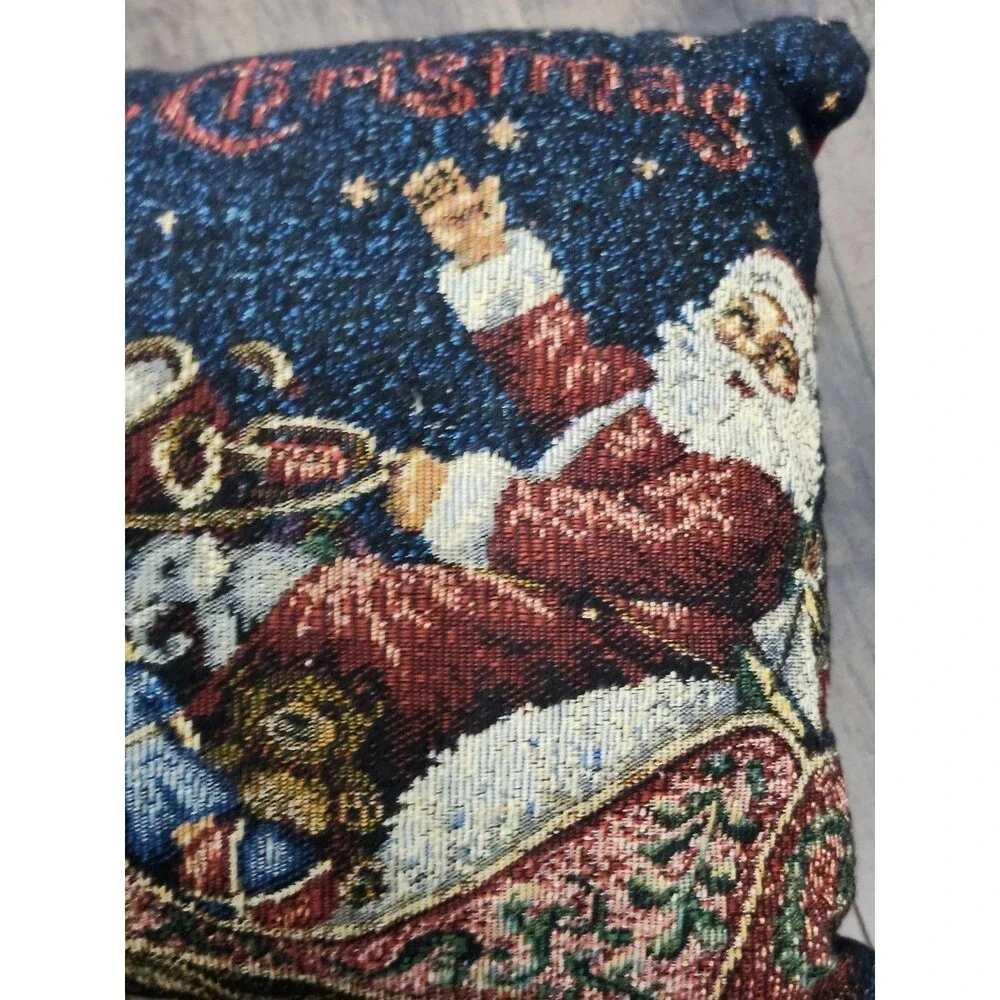 Tapestry Throw Pillow Santa Folk Art Blue Back 16